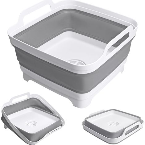 Bac à vaisselle pliable de 9 L avec bouchon de vidange, évier portable et pliable pour le camping, idéal pour la vaisselle, le linge et la cuisine, gris.