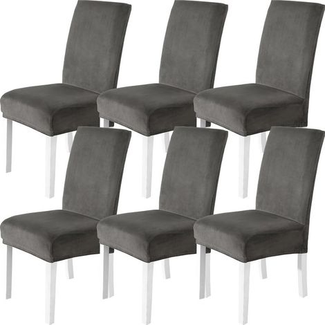 Ensemble de 6 housses de chaise universelles extensibles en velours, texture douce, lavables en machine, gris foncé. (1/5)