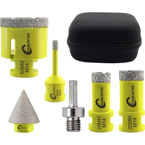 Foret Diamant Kit Trepan Carrelage - 6pcs (6/20/25/50mm+35mm Mèches de Chanfrein+Adaptateur Hexagonal) pour Carrelage Céramique Porcelaine Marbre Granit M14 Filetage (1/5)