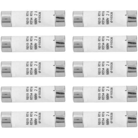 10 zylindrische Sicherungen 10x38mm 500V AC 2A mit hohem Abschaltvermögen und Kontrollleuchte (1/5)
