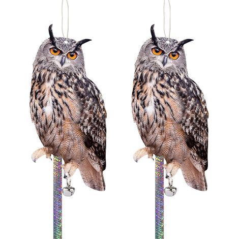 Set of 2 flat artificial owls, reflective strips, ropes and bells, for garden and balcony (1/5)