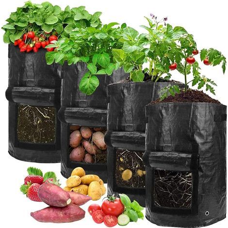 Plant Bags, Garden Planting Bags, Grow Bags for Potatoes, Non-woven Fabric Planting Bags with Handles for Potatoes, Tomatoes and Strawberries (4 Pack) (1/5)