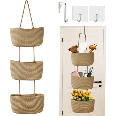3-Tier Over-the-Door Storage Organizer, Woven Rope Over-the-Door Storage, Wall Mounted, Hanging Cotton Fabric Storage, Behind-the-Door Storage (1/5)