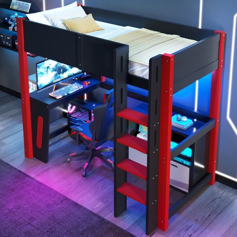Lit Mezzanine Enfant 90x200 cm avec Bureau, Panneau Perforé, LED Réglables via Appli, Échelle et Garde-Corps, sans Matelas, Bois de Pin - Noir (1/5)