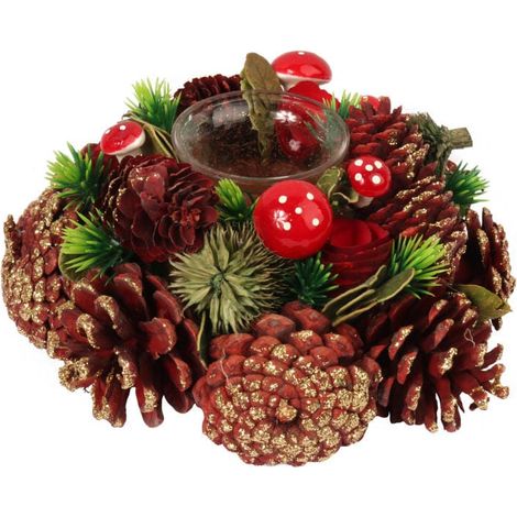 Couronne de bougies avec cônes naturels et bois, 28 cm, avec récipient en verre. (1/3)