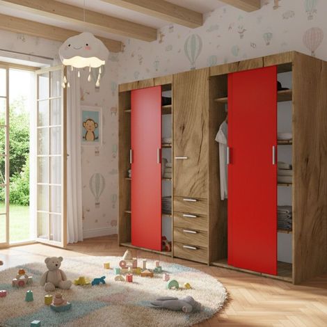 Armadio scorrevole L.225 cm con cassettiera centrale integrata - Quercia e Rosso
