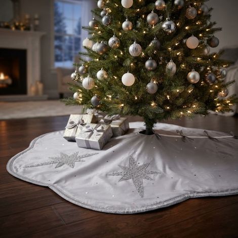 Hand Embellished Silver Star Christmas Tree Skirt (1/2)