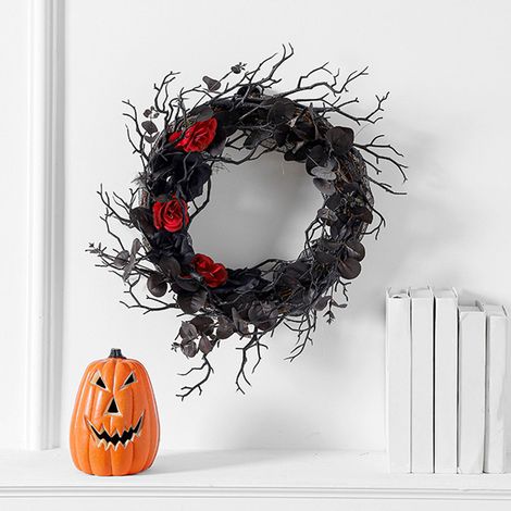 Couronne d'Halloween avec branches artificielles noires en ABS et fleurs rouges, guirlande décorative pour porte. (1/5)