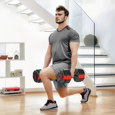 Ensemble de poids de musculation 4 en 1 de 30 kg en plastique et sable, comprenant des haltères réglables, utilisables comme kettlebell, haltère, barre et support pour pompes, rouge.