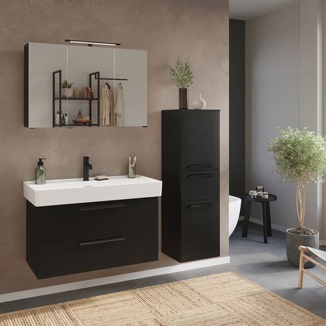 Badmöbel Set 3-teilig Waschtisch in schwarz, Spiegelschrank und Midischrank - ATELLA-03 (1/5)
