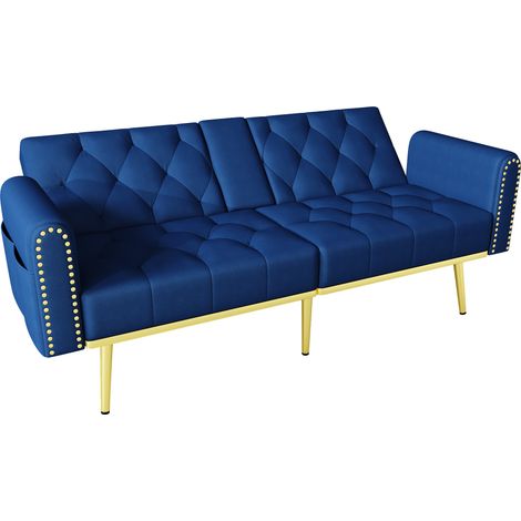 ELVMI Schlafsofa mit Verstellbarer Rückenlehne in 3 Positionen, Klappbarem Getränkehalter und Seitentasche, aus Samt Blau 175 × 80 × 73,5 cm (1/5)