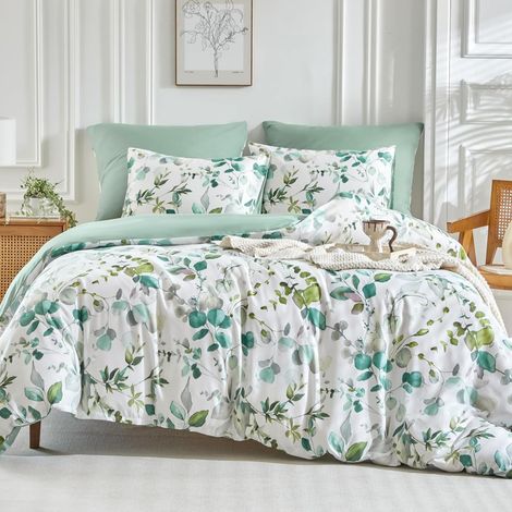 Housse de Couette 220x240 avec 2 Taies d'oreiller 65x65 cm - Délicate Feuille de Printemps - Parure de lit 220x240 Adulte - 100% Microfibre Parure Couette avec Fermetures éclair, Vert (1/5)