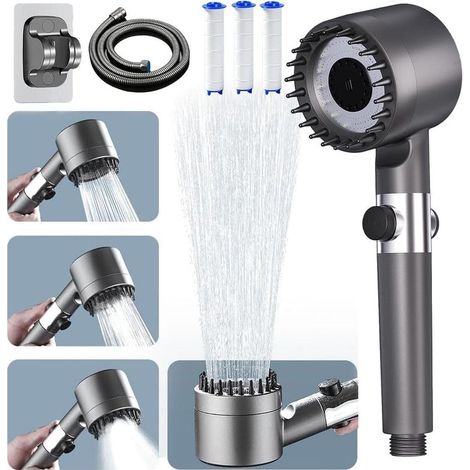 Pommeau de douche haute pression 4 modes – Tuyau 1.5m – Anti-calcaire – Installation facile – Pour faible pression d'eau (1/5)