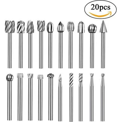 Lot de 20 fraises rotatives acier HSS, embouts meulage gravure bois métal pour outil rotatif (1/4)