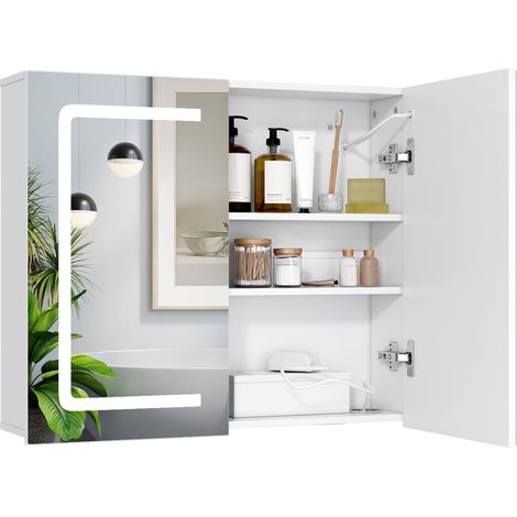 Bealife LED Spiegelschrank Bad mit Beleuchtung Badezimmer Spiegelschrank mit Beleuchtung Badezimmerschrank mit Dimmbar, Verstellbare Glasablage Steckdosenleiste 70x60x16 cm