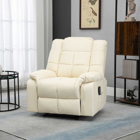 Sillón de masaje reclinable, 8 puntos de vibración, función de reclinación, piel sintética, color blanco crema, 94x99x99cm (1/5)