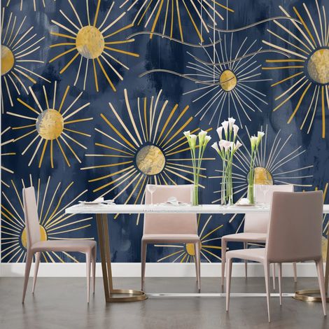 Papier Peint Art & Déco – Soleils Dorés sur Bleu Nuit - 150 x 250 cm (1/2)