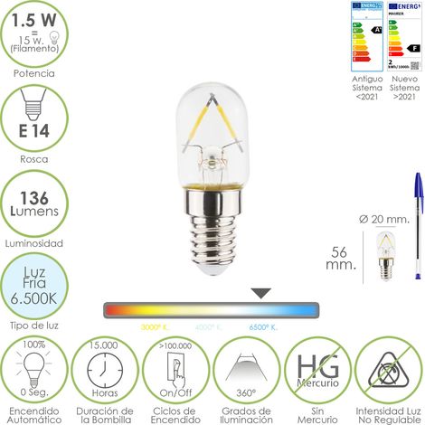 Bombilla Led Frigorifico Rosca E14. 1.5 Watt. Equivale A 15 Watt. 136 Lumenes. Luz Fria (6500º K.)