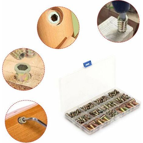 DEESSE SHOP - Insert fileté en bois, 165 écrous filetés en alliage de zinc écrous filetés hexagonaux à douille hexagonale M4/M5/M6/M8 filetage externe pour meubles en bois (1/5)