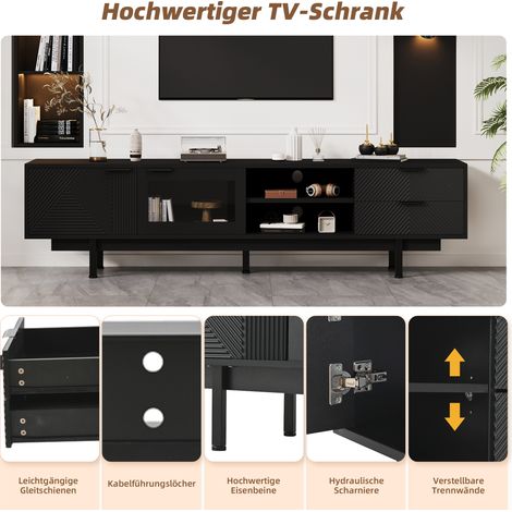Meuble TV moderne simple 200x40x50,5 cm, buffet bas avec 2 portes et 2 tiroirs, support télé avec grand rangement, armoire de salon charge max 45 kg, convient pour écran 80 pouces, noir (1/5)