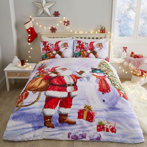 Housse de Couette Père Noël dans la Neige 200 x 200 cm 2 taies d'oreiller incluses Housse de Couette Père Noël et Bonhomme de Neige Facile d'entretien Literie de Noël Traditionnelle (1/4)