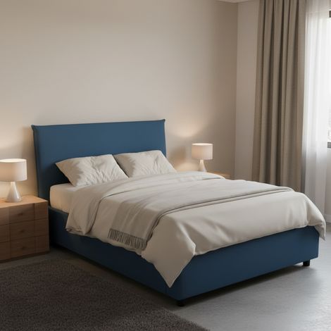 Talamo Italia Cama de plaza y media Asmara, Cama contenedor con revestimiento de tela, 100% Made in Italy, Apertura frontal, con colchón Cm 120x190 incluido, Azul, con embalaje reforzado (1/5)