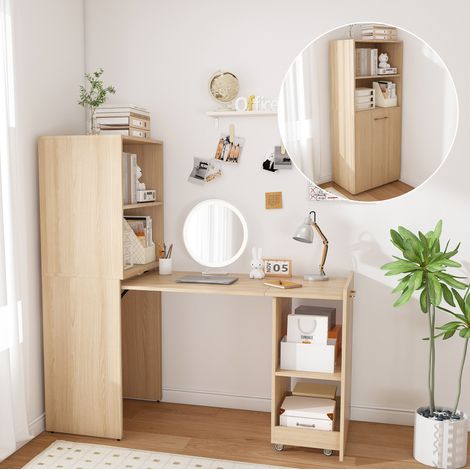 Scrivania allungabile con mobile contenitore, piano scorrevole, MDF, legno naturale HAVRYA (1/5)