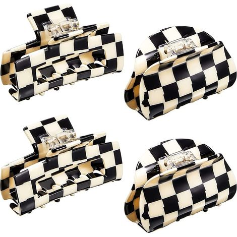 Juego de 4 pinzas para el cabello antideslizantes a cuadros, pinzas rectangulares semicirculares, pinzas grandes para el cabello para mujeres y niñas, accesorios para el cabello, blanco y negro. (1/5)