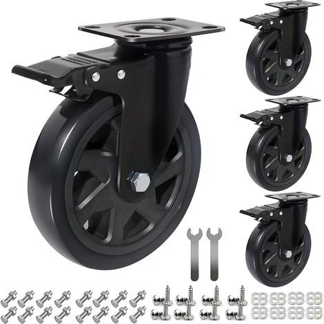 Lot de 4 Roulettes Charge Lourde Jusqu'à 1000KG, 150MM Roulettes pour Meubles avec Frein, Roulette Pivotantes À 360 Degrés, Polyuréthane Roulette avec Vis pour Chariot, Établi, Meuble (1/5)