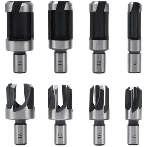 8 Pièces Fraise à Bouchonner, Mèche à Bouchon 6 mm/10 mm/13 mm/16 mm, Acier Carbone, Perceuse pour le Travail du Bois, Forets à Bois à Griffe et Coniques (1/4)