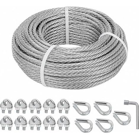 Câble métallique en acier galvanisé 5mm x 15m, structure 7x7 type aviation avec serre-câbles et cosses cœur, pour clôture, abri de jardin, voile d’ombrage et plantes grimpantes (1/5)