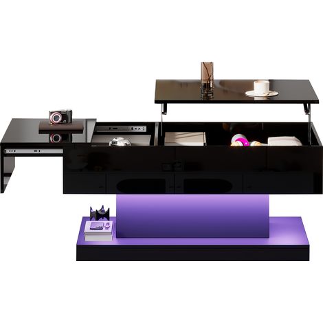 Couchtisch aus Spanplatte in Schwarz Hochglanz 100x50x45 cm mit Hubfunktion, Schiebefunktion, LED und Stauraum