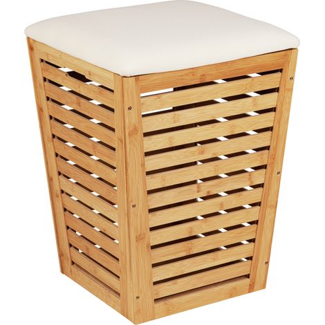 Wenko – Panier à linge en bambou avec siège – Volume 80 L – Dimensions 40x40x56 cm – Construction ajourée pour aération
