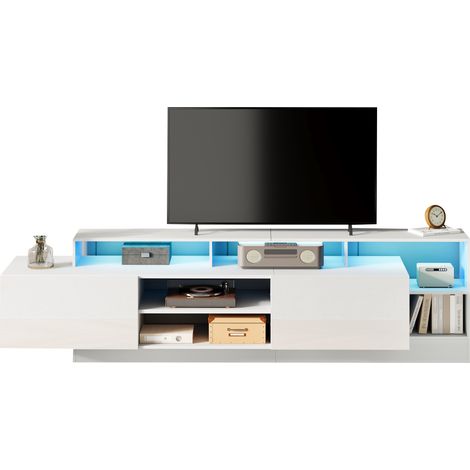 TV Lowboard mit 2 Klappturen, Offenem Fach und LED, Hochglanzfront fur Wohnzimmer, aus Spanplatte, 190×40×48.5 cm, Weiss (1/5)