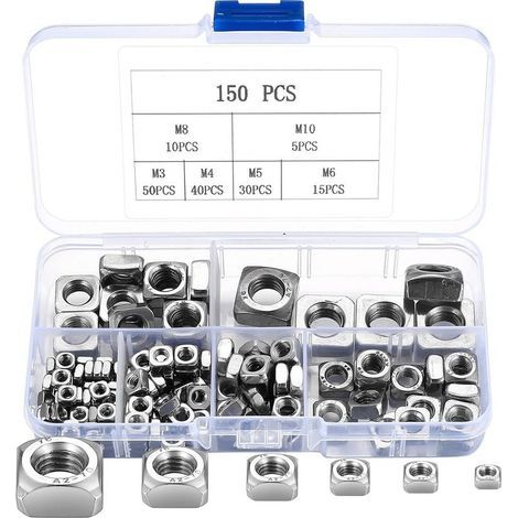 Ensemble de 150 écrous carrés en acier inoxydable, écrous à filetage carré, écrous de fixation, lot d'écrous encastrés pour meubles en bois M3 M4 M5 M6 M8 M10 (Argent) (1/5)