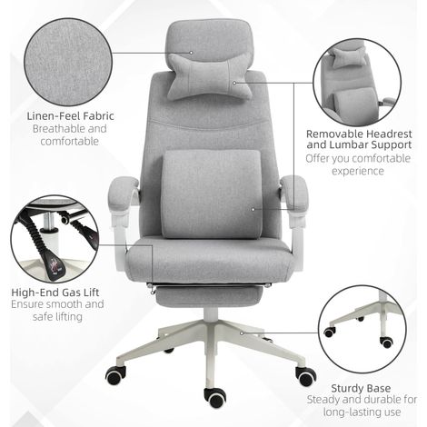 Fauteuil de bureau ergonomique avec appui-tête, coussin lombaire, réglable en hauteur, repose-pieds, dossier haut, gris 62 x 68 x 117-127 cm (1/2)
