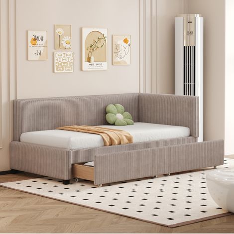 lit adulte rangement 90x200 2 tiroirs sommier tissu gris OKMYHOME (1/5)