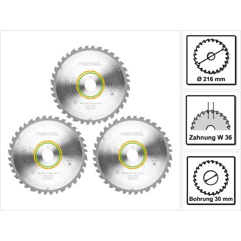 Set di lame circolari universali Festool 3x HW 216 x 30 x 2,3 mm W36 216 mm 36 denti ( 3x 500124 ) (1/5)