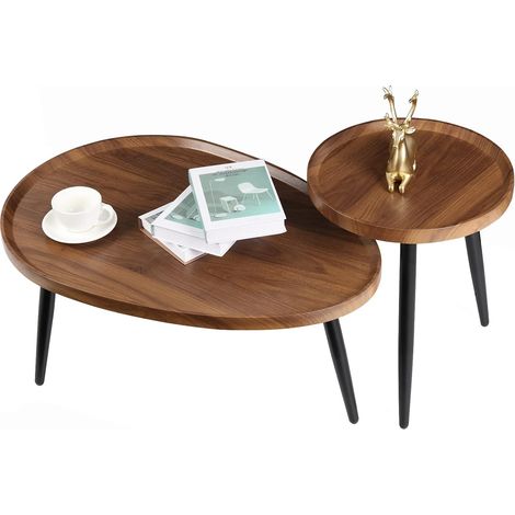 Unho – Table basse gigogne en bois vintage – Lot de 2 tables salon scandinaves – Dimensions 80x55x39cm et 40x47.5cm – Design élégant avec pieds en fer noir
