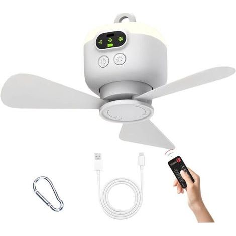 Ventilateur de plafond portable, 8000 mAh, à suspendre, avec télécommande et 3 vitesses, rechargeable et détachable, un indispensable pour l'été, pour une utilisation en extérieur et en intérieur. (1/4)