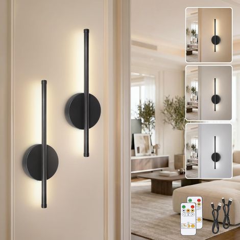 40CM Appliques Murale LED Intérieure Noir Lot de 2 - Lampe Murale sans Fil 3 Températures de Couleur - Luminaire Mural à Batterie avec Télécommande pour Chambre à Coucher Salon Salle à Manger (1/5)