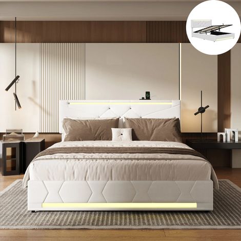 Lit coffre 140 x 190 avec sommier, lit deux place avec LED et USB, Cadre de lit avec tête de lit réglable, lit capitonné Lin Beige (1/5)