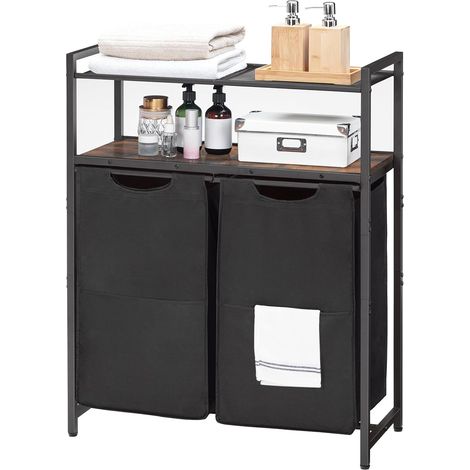 Wäschekorb 2 Fächer, Wäschebox, Wäschesammler mit 2 Ablagen, Wäschewagen, 2 x 49,5 L, verstellbare Füße, für Badezimmer, Waschküche, HOOBRO EBF73XY01 (1/5)