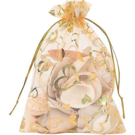 100Pcs 9x12cm Sheer Drawstring Heart Organza Jewelry Gift Bags (Gold)-- (1/5)