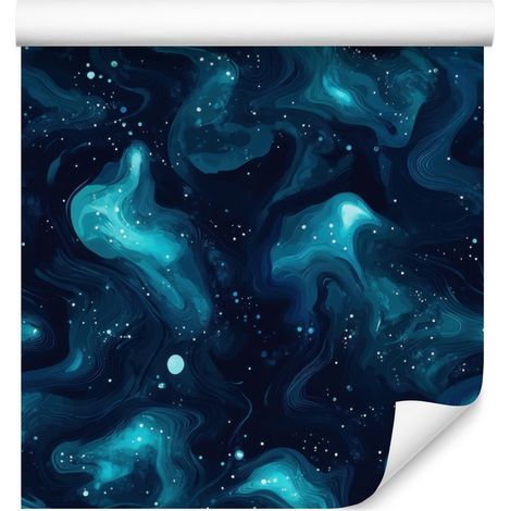 Papier peint aquarelle galaxie bleu marine et turquoise, formes douces 50 x 1000 cm (1/5)