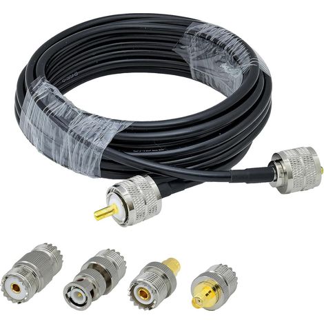 Câble UHF mâle vers UHF mâle RG58 - 5 m - Avec 4 adaptateurs UHF vers SMA/BNC/UHF SO239 PL259 - Pour radio CB, radio Ham, appareils LAN sans fil (1/5)
