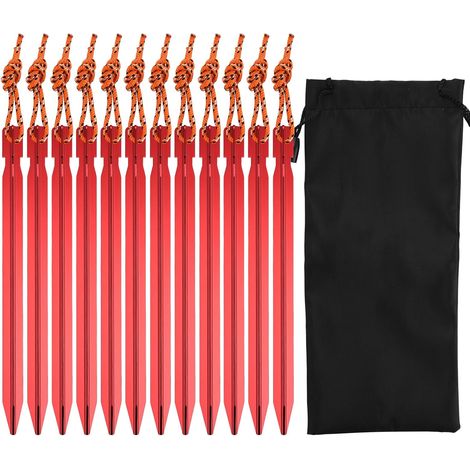 12Pcs Piquets de Camping Triangulaires Léger, 18cm Enjeux de Tente en Alliage d'Aluminium de Y Rouge, Piquets de Tente en Métal avec Corde Réfléchissante Sac de Cordon pour Plein Air Voyage Plage. (1/5)