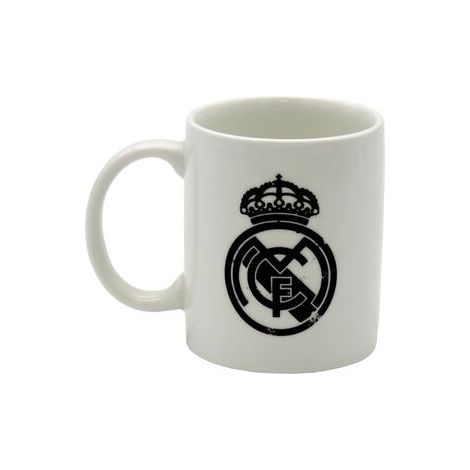 Taza Ceramica Blanca Real Madrid Escudo Negro Desgastado en Caja