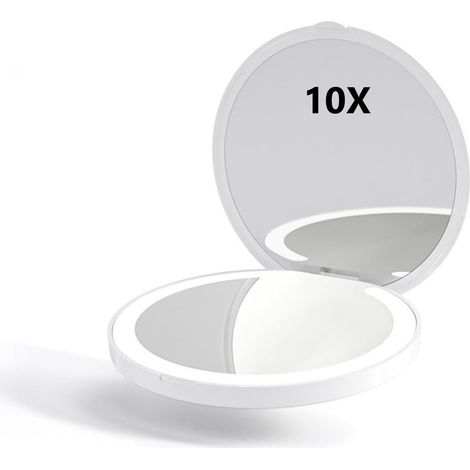 LED Miroir de Poche Lumineux Grossissement 1x/10x Miroir De Maquillage Flexible Avec Lumière Naturellement Illumination Led Miroir, Miroir De Maquillage De Voyage (Blanc-9x9cm)