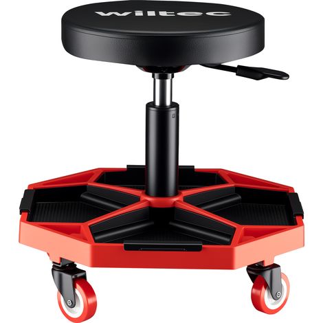 Wiltec Werkstatthocker mit Ablage, Rollhocker höhenverstellbar 37-52 cm, gepolsterter Hocker mit Rollen bis 136 kg